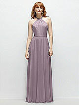 Front View Thumbnail - Lilac Dusk Shirred Halter Chiffon Maxi Dress with Back Sash-Tie Closure