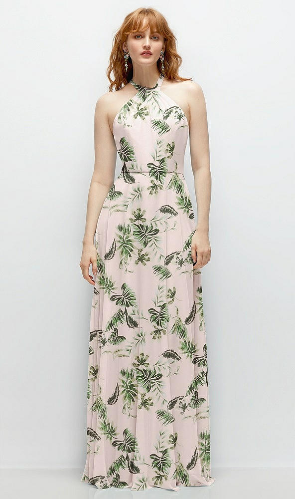 Front View - Palm Beach Print Shirred Halter Chiffon Maxi Dress with Back Sash-Tie Closure