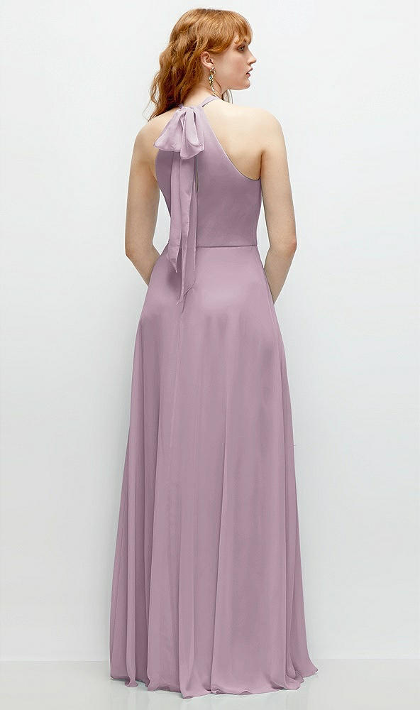 Back View - Suede Rose Shirred Halter Chiffon Maxi Dress with Back Sash-Tie Closure