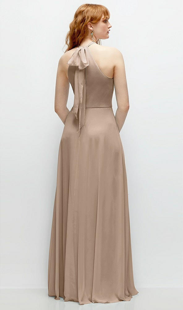 Back View - Topaz Shirred Halter Chiffon Maxi Dress with Back Sash-Tie Closure