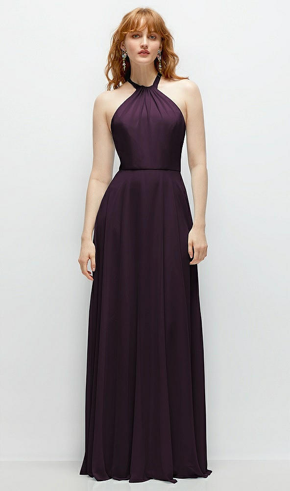 Front View - Aubergine Shirred Halter Chiffon Maxi Dress with Back Sash-Tie Closure