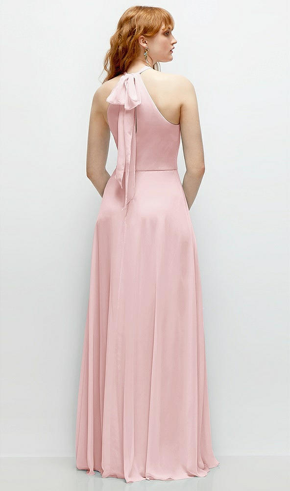 Back View - Ballet Pink Shirred Halter Chiffon Maxi Dress with Back Sash-Tie Closure