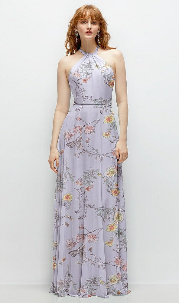 Front View - Butterfly Botanica Silver Dove Shirred Halter Chiffon Maxi Dress with Back Sash-Tie Closure