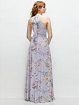 Rear View Thumbnail - Butterfly Botanica Silver Dove Shirred Halter Chiffon Maxi Dress with Back Sash-Tie Closure