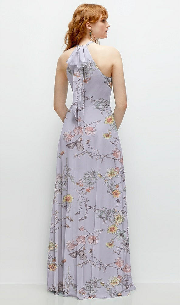 Back View - Butterfly Botanica Silver Dove Shirred Halter Chiffon Maxi Dress with Back Sash-Tie Closure