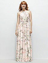 Front View Thumbnail - Blush Garden Shirred Halter Chiffon Maxi Dress with Back Sash-Tie Closure