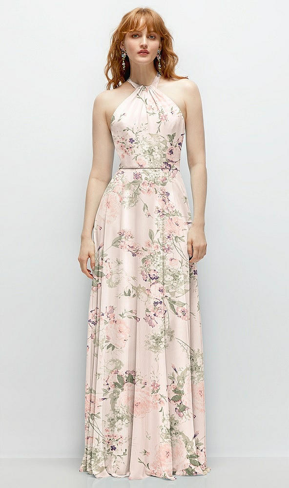 Front View - Blush Garden Shirred Halter Chiffon Maxi Dress with Back Sash-Tie Closure