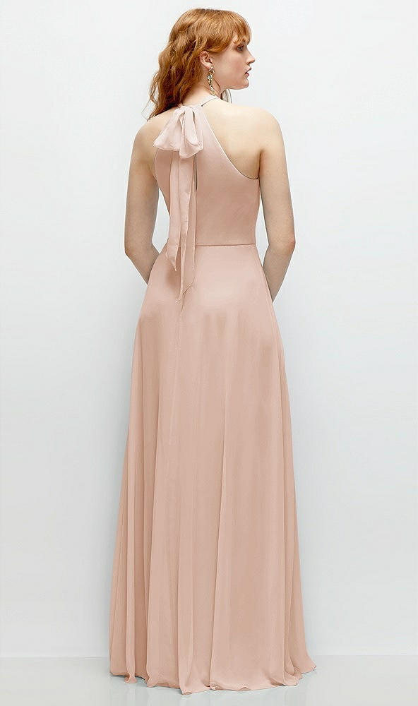 Back View - Cameo Shirred Halter Chiffon Maxi Dress with Back Sash-Tie Closure