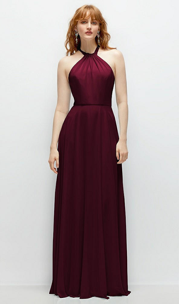 Front View - Cabernet Shirred Halter Chiffon Maxi Dress with Back Sash-Tie Closure