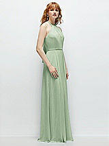 Side View Thumbnail - Celadon Shirred Halter Chiffon Maxi Dress with Back Sash-Tie Closure