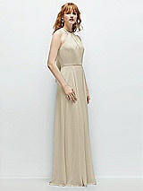 Side View Thumbnail - Champagne Shirred Halter Chiffon Maxi Dress with Back Sash-Tie Closure