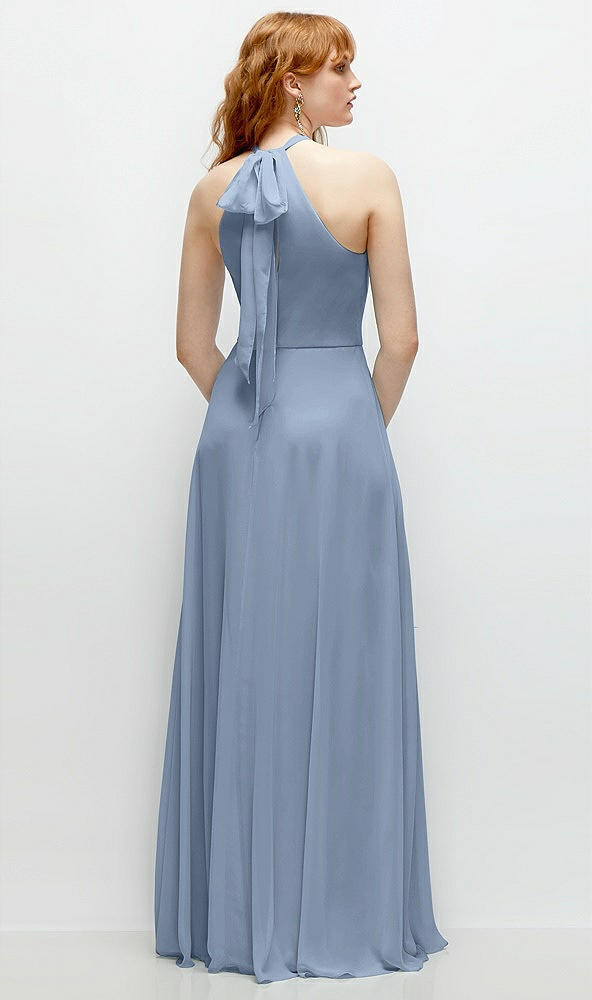 Back View - Cloudy Shirred Halter Chiffon Maxi Dress with Back Sash-Tie Closure