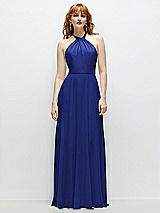 Front View Thumbnail - Cobalt Blue Shirred Halter Chiffon Maxi Dress with Back Sash-Tie Closure