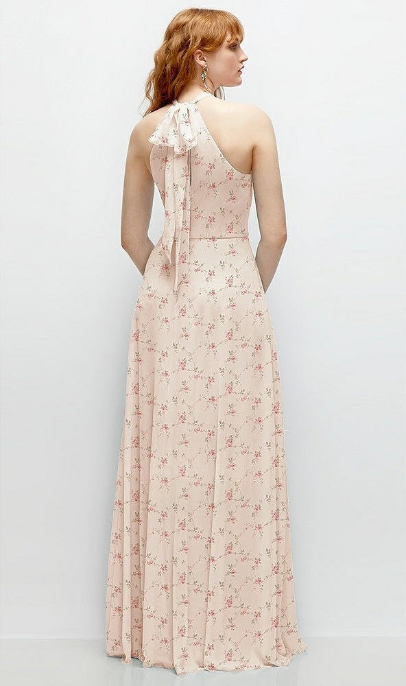 Back View - Coquette Floral Print Shirred Halter Chiffon Maxi Dress with Back Sash-Tie Closure