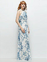 Side View Thumbnail - Cottage Rose Dusk Blue Shirred Halter Chiffon Maxi Dress with Back Sash-Tie Closure