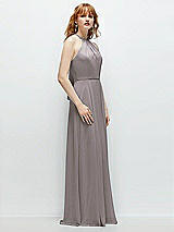 Side View Thumbnail - Cashmere Gray Shirred Halter Chiffon Maxi Dress with Back Sash-Tie Closure