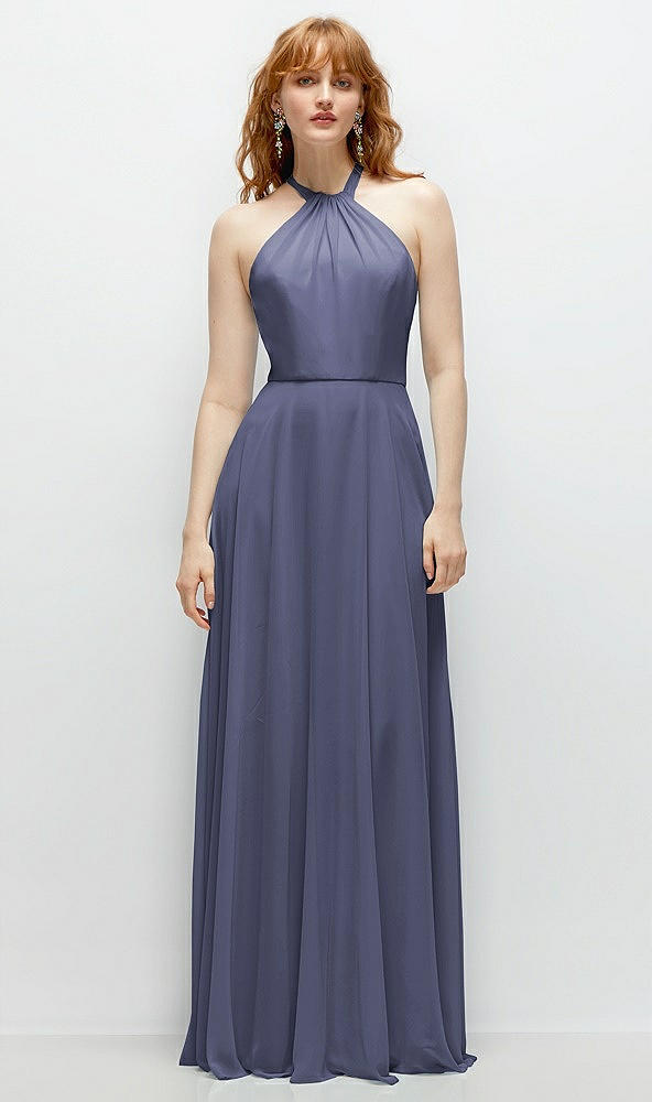 Front View - French Blue Shirred Halter Chiffon Maxi Dress with Back Sash-Tie Closure