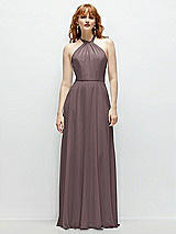 Front View Thumbnail - French Truffle Shirred Halter Chiffon Maxi Dress with Back Sash-Tie Closure