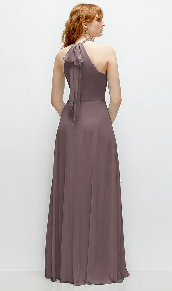 Back View - French Truffle Shirred Halter Chiffon Maxi Dress with Back Sash-Tie Closure