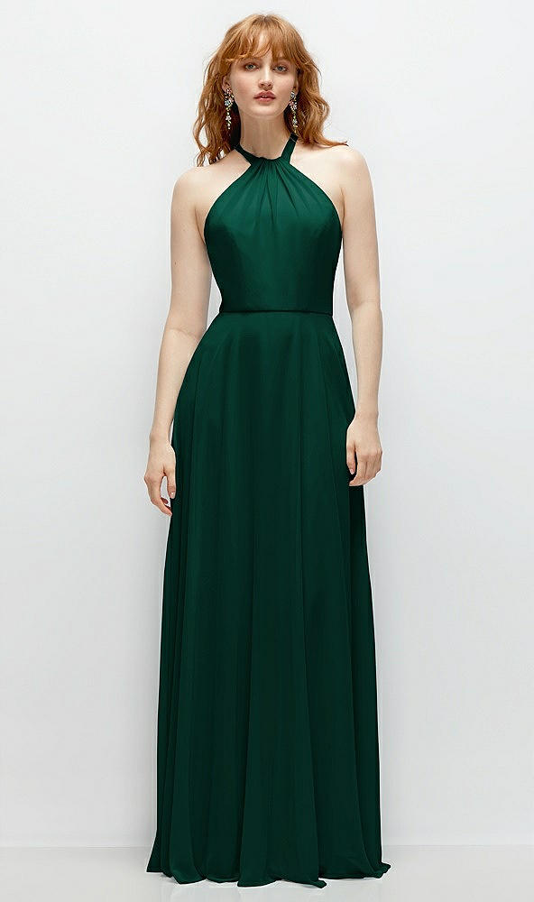 Front View - Hunter Green Shirred Halter Chiffon Maxi Dress with Back Sash-Tie Closure