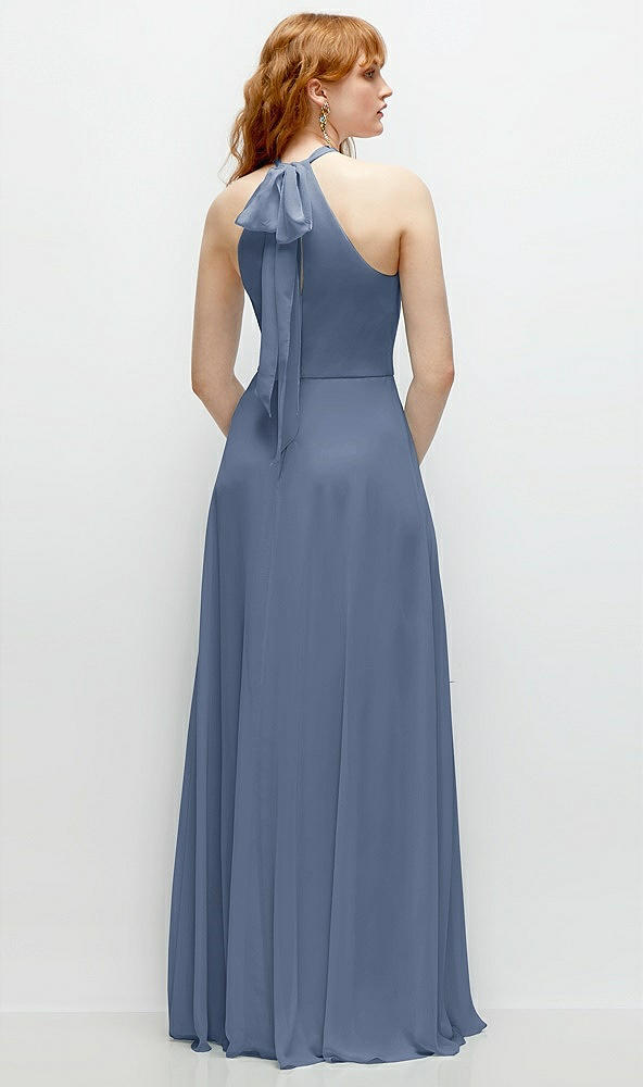 Back View - Larkspur Blue Shirred Halter Chiffon Maxi Dress with Back Sash-Tie Closure