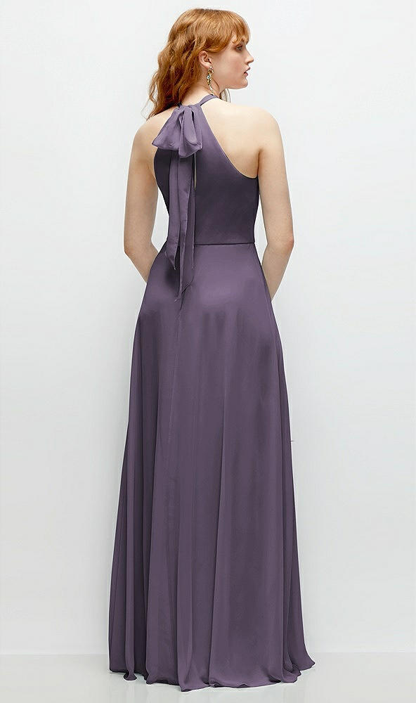 Back View - Lavender Shirred Halter Chiffon Maxi Dress with Back Sash-Tie Closure