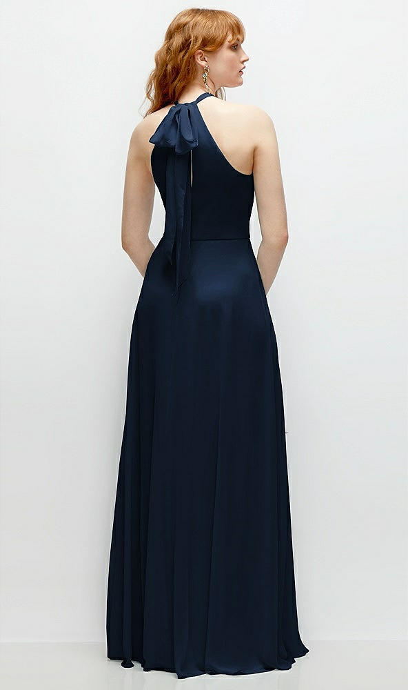 Back View - Midnight Navy Shirred Halter Chiffon Maxi Dress with Back Sash-Tie Closure