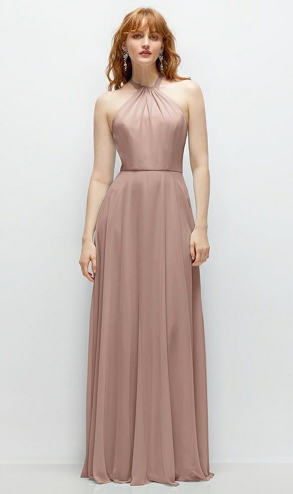 Front View - Neu Nude Shirred Halter Chiffon Maxi Dress with Back Sash-Tie Closure