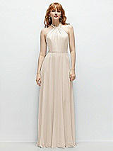 Front View Thumbnail - Oat Shirred Halter Chiffon Maxi Dress with Back Sash-Tie Closure