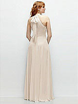 Rear View Thumbnail - Oat Shirred Halter Chiffon Maxi Dress with Back Sash-Tie Closure