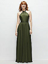 Front View Thumbnail - Olive Green Shirred Halter Chiffon Maxi Dress with Back Sash-Tie Closure