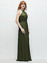 Side View Thumbnail - Olive Green Shirred Halter Chiffon Maxi Dress with Back Sash-Tie Closure