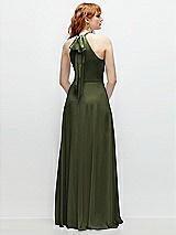 Rear View Thumbnail - Olive Green Shirred Halter Chiffon Maxi Dress with Back Sash-Tie Closure