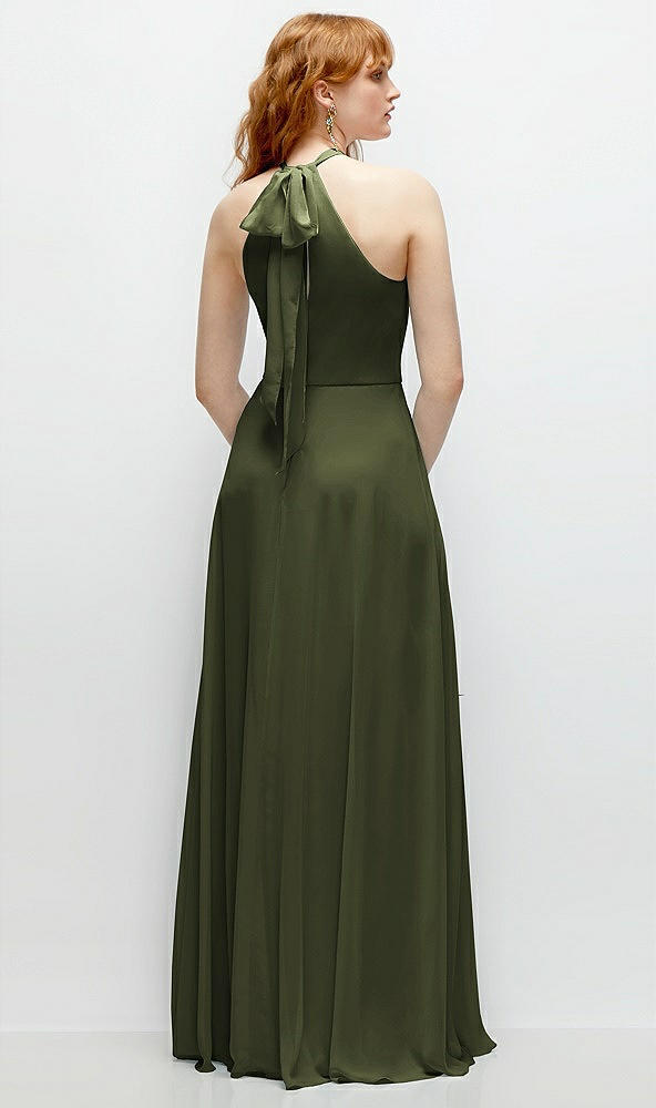 Back View - Olive Green Shirred Halter Chiffon Maxi Dress with Back Sash-Tie Closure