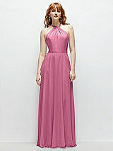 Front View Thumbnail - Orchid Pink Shirred Halter Chiffon Maxi Dress with Back Sash-Tie Closure