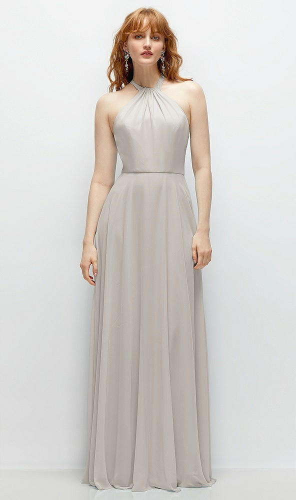 Front View - Oyster Shirred Halter Chiffon Maxi Dress with Back Sash-Tie Closure