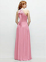 Rear View Thumbnail - Peony Pink Shirred Halter Chiffon Maxi Dress with Back Sash-Tie Closure