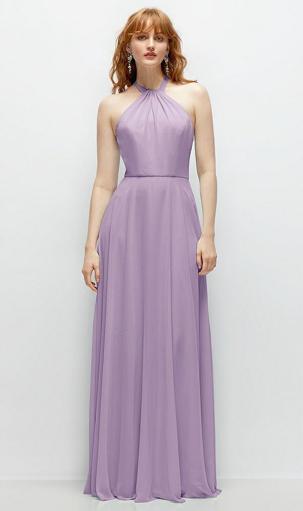 Front View - Pale Purple Shirred Halter Chiffon Maxi Dress with Back Sash-Tie Closure