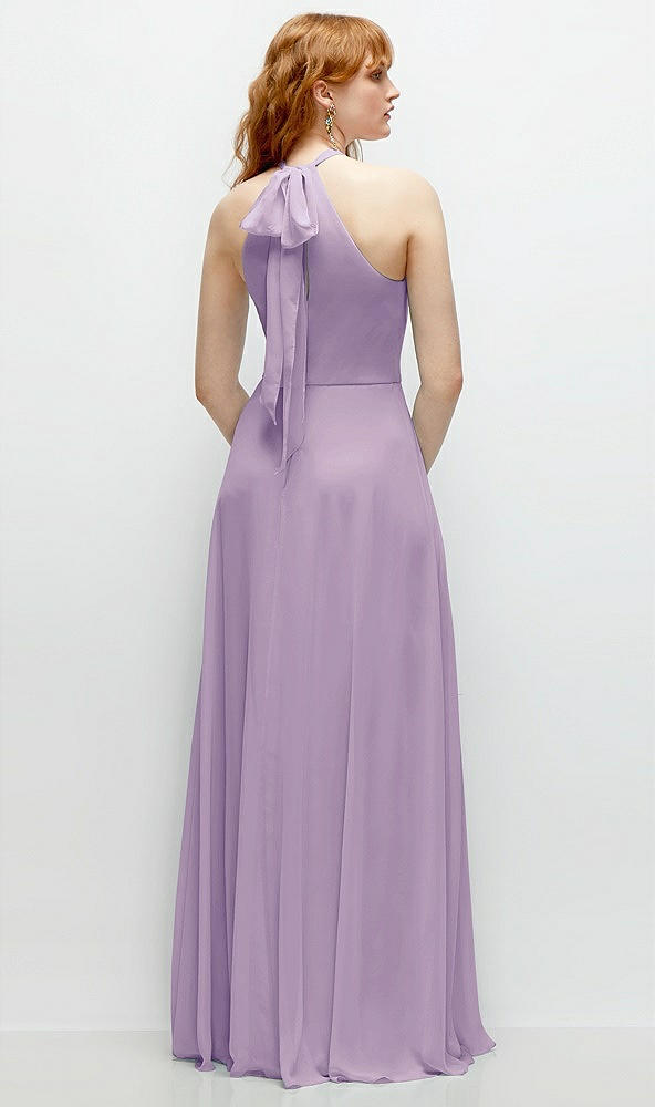 Back View - Pale Purple Shirred Halter Chiffon Maxi Dress with Back Sash-Tie Closure