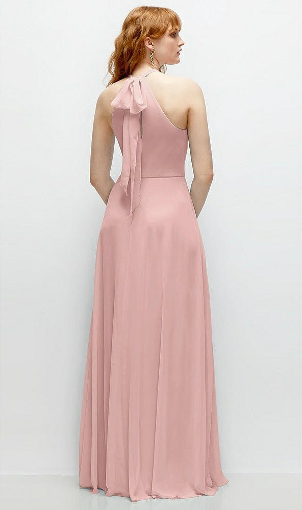 Back View - Rose - PANTONE Rose Quartz Shirred Halter Chiffon Maxi Dress with Back Sash-Tie Closure