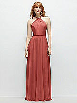 Front View Thumbnail - Coral Pink Shirred Halter Chiffon Maxi Dress with Back Sash-Tie Closure