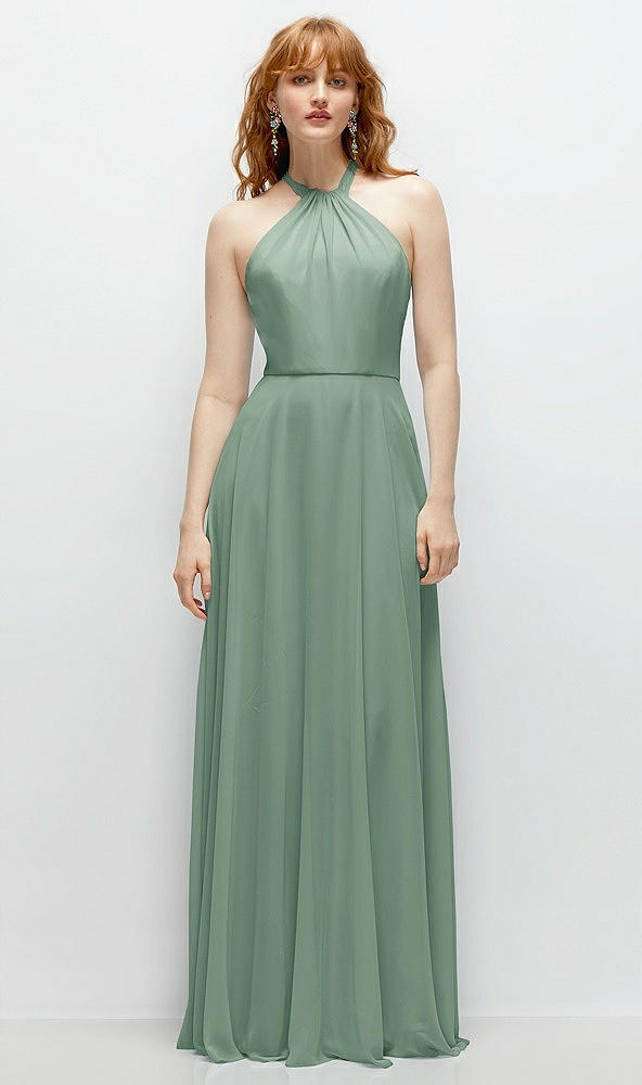 Front View - Seagrass Shirred Halter Chiffon Maxi Dress with Back Sash-Tie Closure