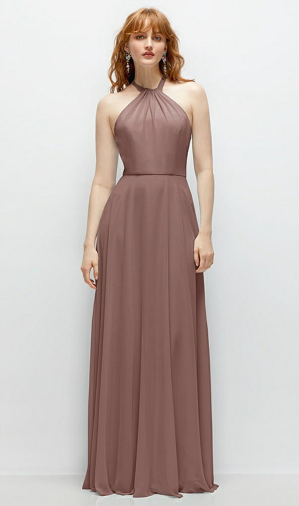 Front View - Sienna Shirred Halter Chiffon Maxi Dress with Back Sash-Tie Closure