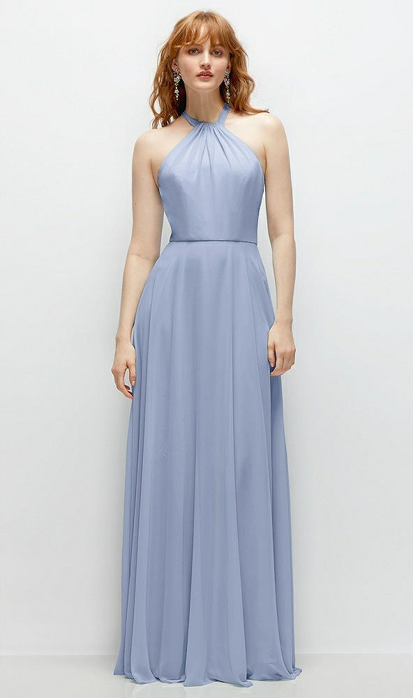 Front View - Sky Blue Shirred Halter Chiffon Maxi Dress with Back Sash-Tie Closure