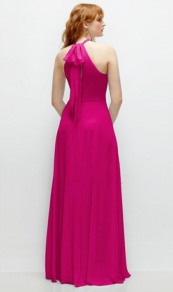 Back View - Think Pink Shirred Halter Chiffon Maxi Dress with Back Sash-Tie Closure