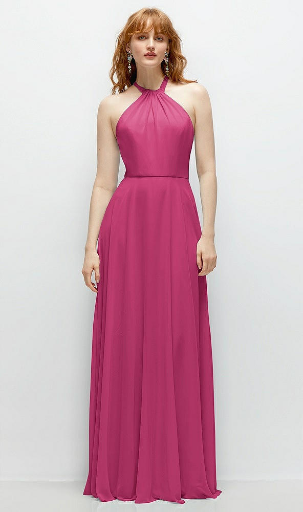 Front View - Tea Rose Shirred Halter Chiffon Maxi Dress with Back Sash-Tie Closure