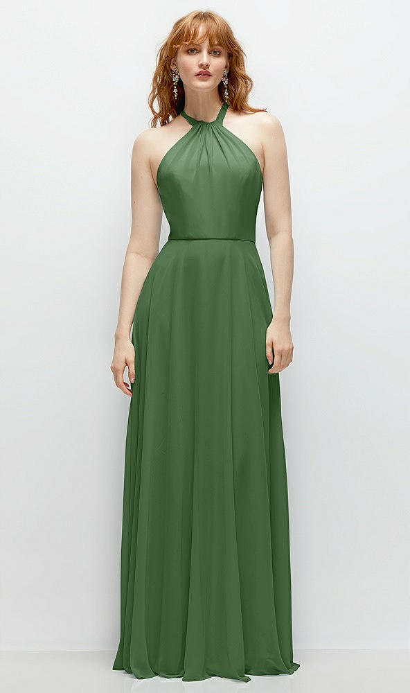 Front View - Vineyard Green Shirred Halter Chiffon Maxi Dress with Back Sash-Tie Closure