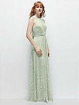 Side View Thumbnail - Vintage Primrose Sage Shirred Halter Chiffon Maxi Dress with Back Sash-Tie Closure