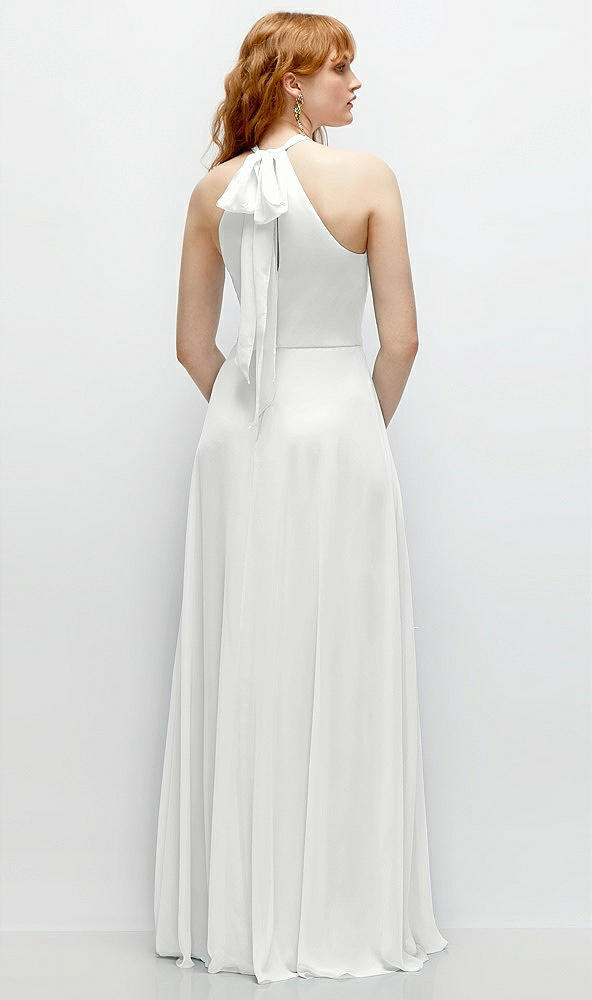 Back View - White Shirred Halter Chiffon Maxi Dress with Back Sash-Tie Closure