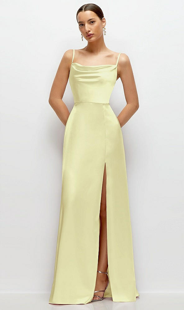 Front View - Butter Yellow Cowl Neck Satin Maxi Dress with Adjustable Spaghetti Straps